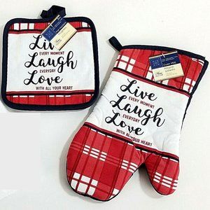 3PC Set Kitchen Oven Mitt & 2 Pot Holders - Live Laugh Love